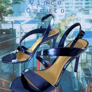 NWOT VINCE CAMUTO Metallic Sapphire Blue Costina Ankle Peep Toe Heels Size 7.5
